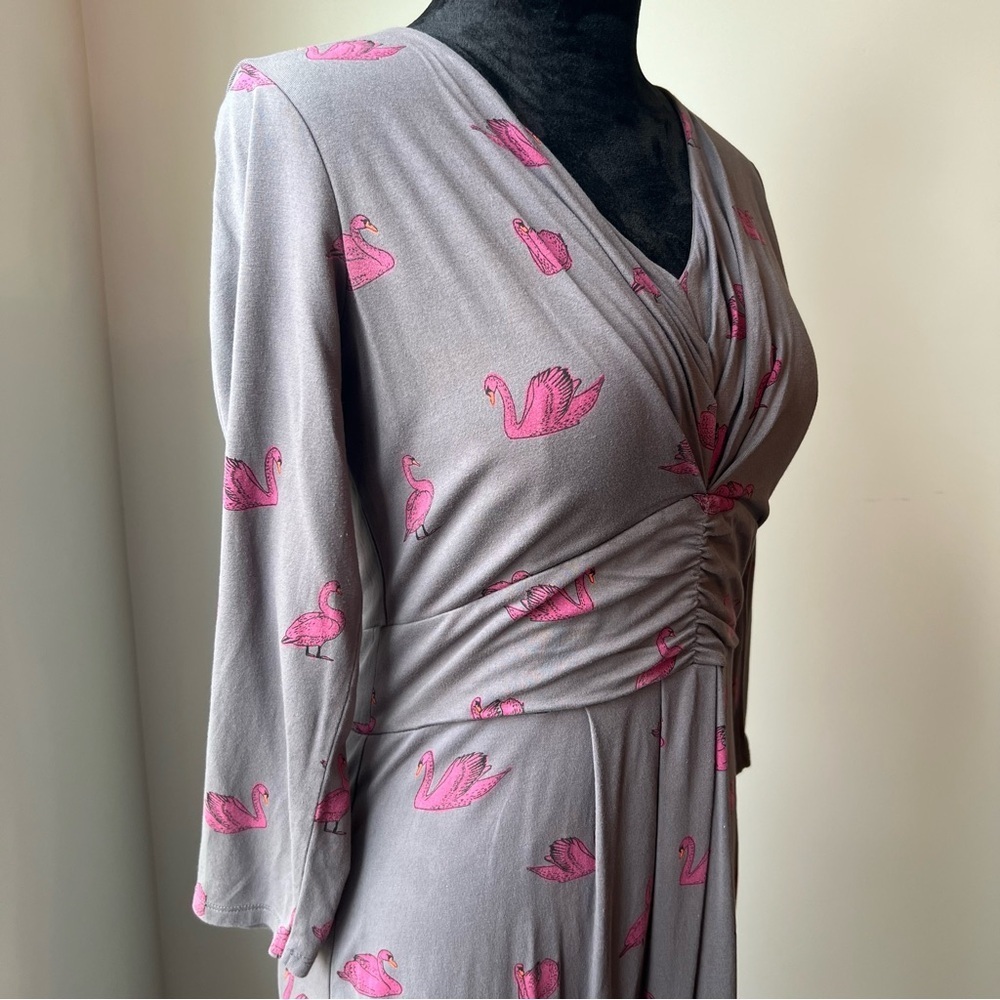 Boden Gray Ruched Sheath Dress with Pink Swans